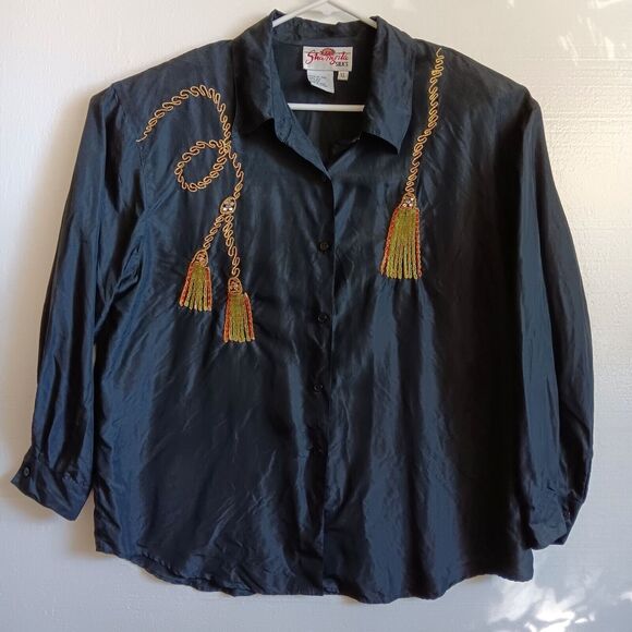 Shangrila Silks Shirt Black Long Sleeve Button Down Sequined Womans XL Vintage - Picture 1 of 13
